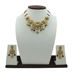 Joyería Étnica para Bodas, Conjunto de Collar Tradicional en Tono Dorado con Perlas, Colgante de Piedra Roja y Aretes a Juego para Mujer - Product Image 3
