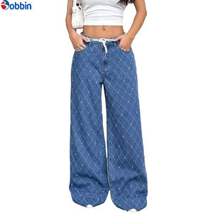 Vaqueros de mezclilla de pierna recta para mujer, personalizados, lavables, con decoración de perlas, de cintura baja, lavado arena, casuales, sencillos, para otoño/primavera - Product Image 5