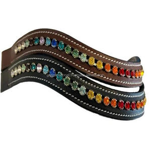 Banda para cejas de caballo de cuero marrón con todas las formas extra cómodas, personalizada con cristales de vidrio redondos multicolores de 1 fila, banda para cejas Mega Bling - Product Image 1