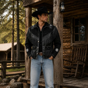 Chaqueta Negra con Flecos para Hombre, con Bordado, Cuello Camisero, Corte Regular, para Otoño - Product Image 2