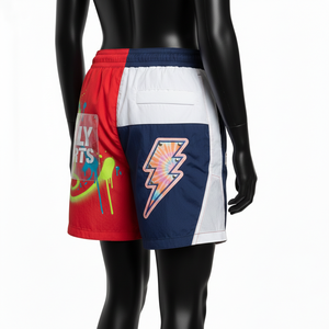 Shorts cortavientos de poliéster taslan premium de 135 GSM, rojo, azul marino, con paneles blancos, estampado de grafiti por sublimación, logotipo personalizado, shorts para mujer - Product Image 3