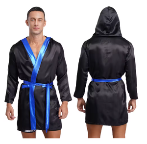 HAWK SPORTS INDUSTRIES Robe de boxe à capuche en satin noir avec ceinture bleue, durable, confortable, en polyester, pour entraînement MMA et Muay Thai - Product Image 1
