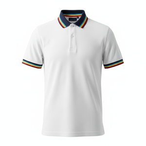เสื้อโปโลผ้าฝ้ายสีขาวลายทางสีรุ้ง  รับทำโลโก้ตามสั่ง  ผู้ผลิต OEM ขายส่ง เสื้อแขนสั้นลำลอง - Product Image 1