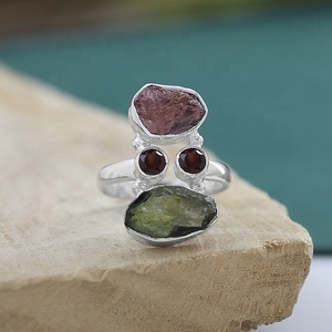 Natural Tourmaline & <b>Garnet</b> 925 Sterling <b>Silver</b> Statement <b>Ring</b> Raw Gemstone Birthstone Handmade Cocktail <b>Ring</b> - Product Image 3
