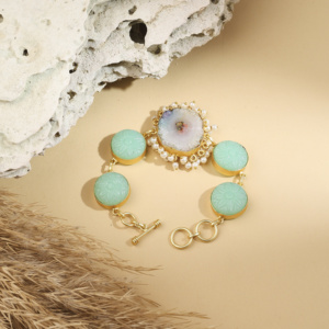 Pulsera Artesanal de Latón y Aleación de Zinc con Imitación de Perlas y Druzy Solar Tallado para Mujer, Estilo Étnico para Fiesta - Product Image 6