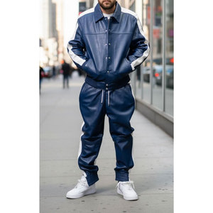 Survêtement en cuir bleu pour homme, coupe droite, col boutonné, pantalon à cordon de serrage, style streetwear, idéal pour l'automne - Product Image 5