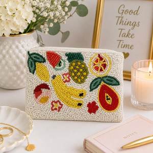 Pochette à fermeture éclair perlée aux motifs de fruits tropicaux, mini sac tendance toutes saisons - Product Image 1