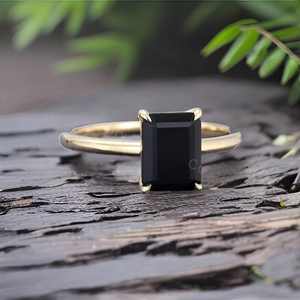Natural Black Onyx Ring Emerald Cut 925 Sterling Silver 14K <b>Gold</b> Plated Delicate Stacking Promise Ring - Product Image 5