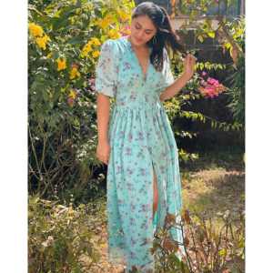 Vestido Maxi de Gasa con Estampado Floral, Silueta en A, Cuello en V, Transpirable, Talla XS, Cintura Natural, para Ocasiones Diarias - Product Image 5