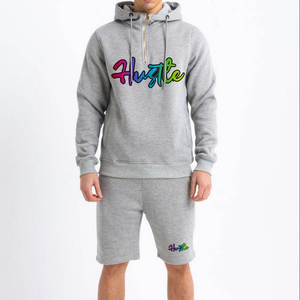<b>Men's</b> Two Piece Hooded Fleece Tracksuit Gray Cotton Blend Workout <b>Shorts</b> Set Zip Up Sweatshirt Casual Gym Wear - Product Image 1