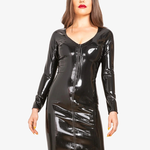 Robe moulante en cuir PU noir, col en V profond, manches longues, fermeture éclair sur le devant, mini-robe ajustée pour soirée - Product Image 5