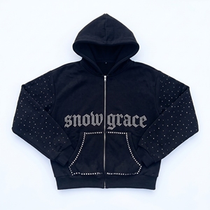 Sweat-shirt à capuche zippé Snowgrace avec imprimé lettres en strass, coupe oversize, unisexe, décontracté, pour l'hiver, manches régulières, en molleton bouclette - Product Image 1