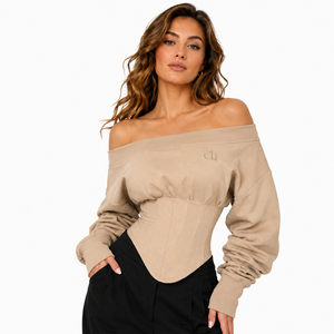 Chemise pour femme à manches longues, style corset, épaules dénudées, beige, avec broderie personnalisée et dos lacé, style streetwear boutique - Product Image 1