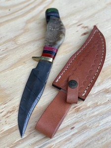 Damascus Fixed Blade Hunting <b>Knife</b> Drop Point Bevel Edge <b>Bone</b> <b>Handle</b> with Leather Sheath - Product Image 1