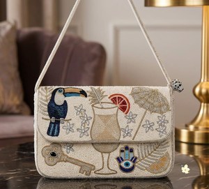 Sac à bandoulière pliable perlé pour femme, style bohème, avec fermeture à rabat, sac à main de luxe pour soirée, motif toucan et parapluie, imperméable - Product Image 2