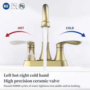 Rubinetto per lavabo a 2 maniglie color oro spazzolato con beccuccio girevole ad arco alto a 360°, interasse 4 pollici, con scarico a scomparsa e tubi di alimentazione - Product Image 2