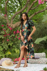 Robe élégante en coton tissé écologique avec imprimé floral, options sans manches ou à manches courtes pour femmes, mode estivale - Product Image 2