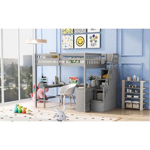 Letto a soppalco a grandezza naturale con scrivania a L e scaffali a tre livelli grigio - Set di mobili per bambini con scala contenitore integrata - Product Image 4