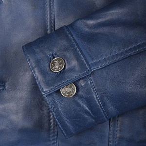Blouson en cuir véritable pour homme, coupe ajustée, bleu vieilli, style motard en peau de mouton, col montant, vêtement d'extérieur hiver - Product Image 5