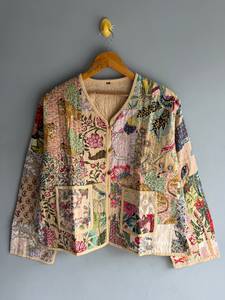 Women's Embroidered Floral Kantha Vest Cotton Waistcoat Button Front <b>Patchwork</b> <b>Jacket</b> With Pockets for Winter gift for her - Product Image 1