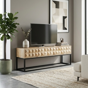 Dice Low Tv Cabinet And Sideboard Modern Solid Wood Media <b>Console</b> With 3D Geometric Carved Drawers And Metal Frame Furniture - Product Image 4