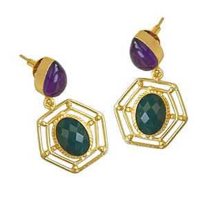 Pendientes hexagonales chapados en oro vintage con amatista y piedra verde para mujer, joyería de fiesta - Product Image 5