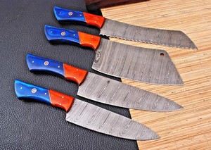 Juego de Cuchillos de Chef de Acero de Damasco Forjado a Mano, Cuchillos de Cocina Profesionales Hechos a Mano, Juego de Cuatro Piezas, Mango de Madera Pakka Ambidiestro - Product Image 5