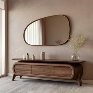 Meuble TV scandinave moderne en teck courbé, style mid-century, avec rangement - Product Image 1