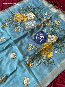 Magnifique Saree en Coton Muga Doux avec Tissage Resham Intégral à Motifs Floraux & Pallu Coloré à Motifs Floraux et Feuilles & Bordure Zari - Exportateur Indien - Product Image 5