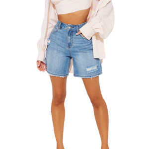 Shorts en jean bleu clair pour femme, coupe mi-longue décontractée, hiver, déchirés, ourlet effiloché, jambe large, respirant, délavé, style streetwear tendance - Product Image 1