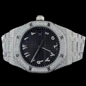 Reloj de Moda para Hombre con Esfera Negra Brillante con Números Arábigos, Completamente Cubierto de Diamantes Moissanite, Movimiento de Cuarzo, Estilo Hip Hop - Product Image 1