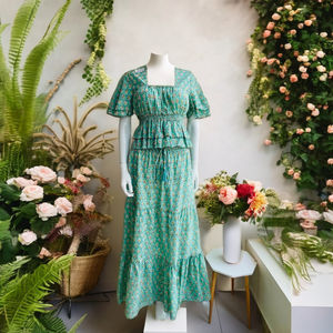 Womens Floral Co-Ord Set Printed Two-Piece <b>Crop</b> <b>Top</b> Flared Hem Long <b>Skirt</b> Bohemian Lace 100% Cotton Spring Summer Resort Wear - Product Image 2