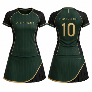 Ensemble de tennis unisexe vert et noir rayé en polyester respirant, à manches courtes, col en V, séchage rapide, style sportif avec jupe - Product Image 1