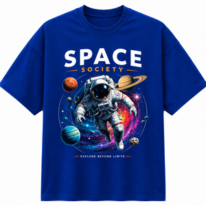 Camiseta Negra para Hombre con Estampado de Astronauta de Space Society, Logotipo Frontal, Manga Larga, Cuello Redondo, Corte Holgado, Informal, 100% Algodón Jersey Transpirable - Product Image 1