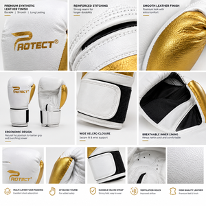 Guantes de Boxeo Profesionales para Adultos, de Cuero, para Entrenamiento, Blancos y Dorados, con Cierre de Velcro en la Muñeca - Product Image 3