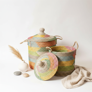 Handmade Colorful Coiled Seagrass <b>Basket</b> <b>with</b> <b>Lid</b> for Laundry Storage Closet Decor Eco-Friendly Organizer Bin - Product Image 1