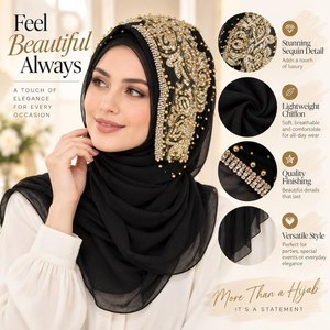 Pañuelo Hijab de Seda Negro con Bordado Floral, Hecho a Mano, Elástico, Forma Cuadrada, Bordado para Mujer, Punto de Cruz, Trabajo de Aguja - Product Image 3