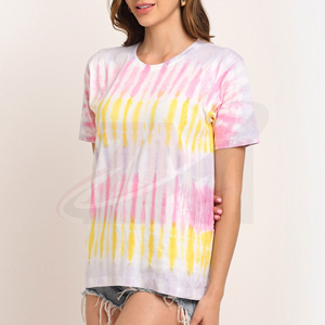 Camiseta de Manga Corta con Cuello Redondo y Estampado Tie Dye para Mujer, Corte Holgado, Informal, 100% Algodón Jersey, Primavera Verano, Rosa, Amarillo, Blanco - Product Image 3