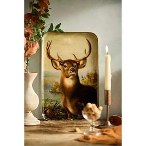 Bandeja de servir rectangular de metal esmaltado con estampado vintage de ciervos y bosque, bandeja decorativa para decoración del hogar, cocina, mesa de café o adornos. - Product Image 1