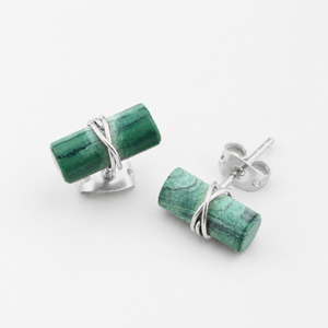 Malachite Cylinder <b>Stud</b> <b>Earrings</b> Silver Plated Brass Natural Gemstone Minimalist Cabochon Bar <b>Earrings</b> Wholesale - Product Image 1
