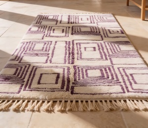 Alfombra Beni Ourain de Lana Bereber Marroquí Anudada a Mano |   Diseño de Diamantes con Pelusa de Color Marfil |   Alfombra Boho de Tamaño Personalizado - Product Image 4