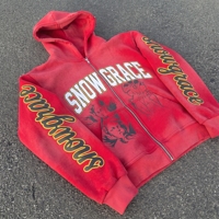 Sweat à capuche unisexe Snow Grace rouge à fermeture éclair, en polaire, coupe ample, design brodé et imprimé, 100% coton, style hip-hop, vêtements d'hiver