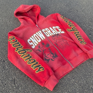 Sudadera con Capucha Roja Unisex Snow Grace, Cierre de Cremallera, Corte Holgado, Diseño Bordado e Impreso, 100% Algodón, Estilo Hip Hop, Ropa de Invierno - Product Image 6