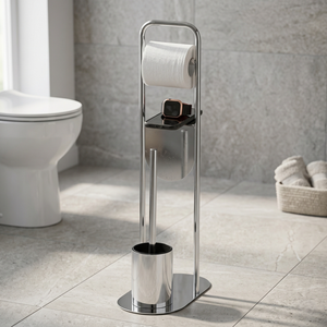 Porte-papier toilette moderne sur pied en acier avec base ovale et design à niveaux, accessoire de salle de bain - Product Image 2