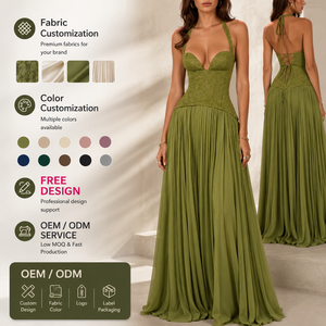 Abito lungo da donna <span class=keywords><strong>con</strong></span> corsetto in pizzo personalizzato, <span class=keywords><strong>gonna</strong></span> a pieghe, scollo a V profondo, elegante abito da sera senza maniche OEM ODM - Product Image 1