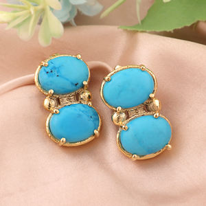 Boucles d'oreilles minimalistes ovales en turquoise bleue, double pierre précieuse, en laiton plaqué or 18 carats, bijoux de créateur tendance. - Product Image 3