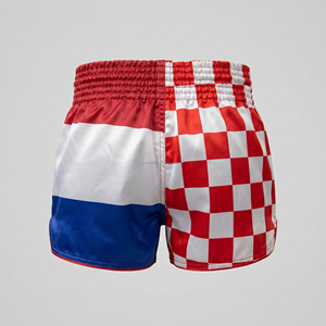 กางเกงมวยไทยชายแบบซับลิเมชั่นสั่งทำพิเศษ สีแดงขาวลายตาราง กางเกงคิกบ็อกซิ่งขายส่ง โลโก้สั่งทำ ธงชาติโครเอเชีย MMA มวยสากล - Product Image 2