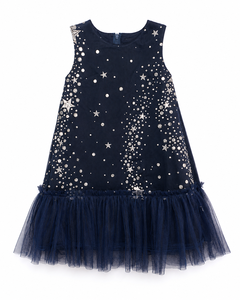 Robe de fête pour filles, bleu marine, avec paillettes, étoiles, tulle superposé, sans manches, avec cape |   Robe de princesse élégante bleu marine pour anniversaire - Product Image 3