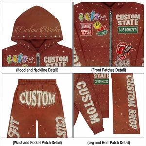 Custom Acid Wash Rhinestone Tracksuit Women Men Distressed Vintage Patchwork <b>Zip</b> <b>Up</b> <b>Crop</b> Hoodie Flared Sweatpants Y2K Streetwear - Product Image 2