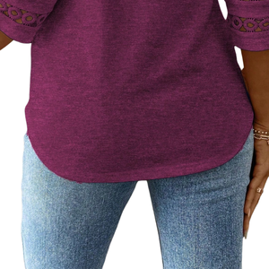 Women's Purple <b>Long</b> <b>Sleeve</b> Lace Trim Blouse Solid Color Round Neck Pullover <b>Top</b> for Daily Wear - Product Image 5